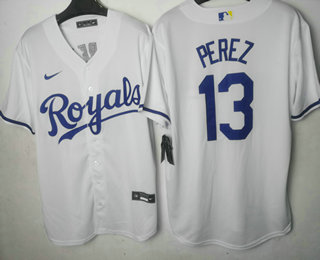 Men's Kansas City Royals #13 Salvador Perez White Cool Base Stitched MLB Jersey