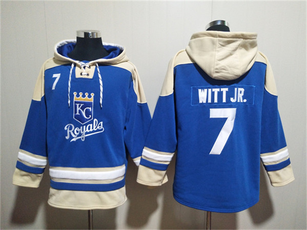 Men's Kansas City Royals #7 Bobby Witt Jr. Blue Ageless Must-Have Lace-Up Pullover Hoodie