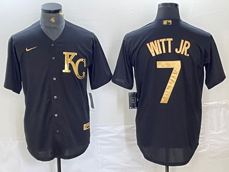 Men's Kansas City Royals #7 Bobby Witt Jr Black Gold Cool Base Stitched Jersey