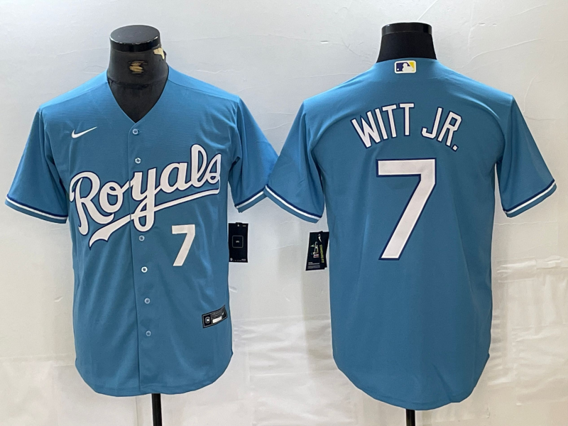 Men's Kansas City Royals #7 Bobby Witt Jr Number Light Blue Cool Base Stitched Jerseys