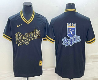 Men's Kansas City Royals Big Logo Black Gold Nike Cooperstown Legend V Neck Jerseys