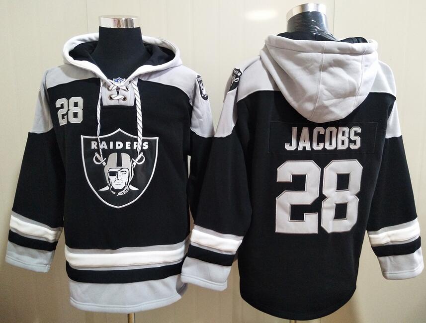 Men's Las Vegas Raiders #28 Josh Jacobs Black All Stitched Sweatshirt Ageless Must-Have Lace-Up Pullover Hoodie