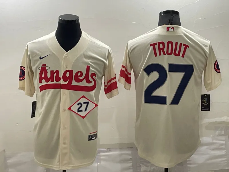 Men's Los Angeles Angels #27 Mike Trout Number Cream 2022 City Connect Cool Base Stitched Jersey