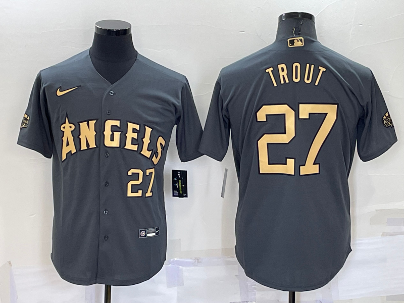 Men's Los Angeles Angels #27 Mike Trout Number Grey 2022 All Star Stitched Cool Base Nike Jersey