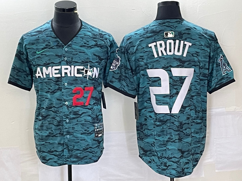 Men's Los Angeles Angels #27 Mike Trout Number Teal 2023 All Star Cool Base Stitched Jersey