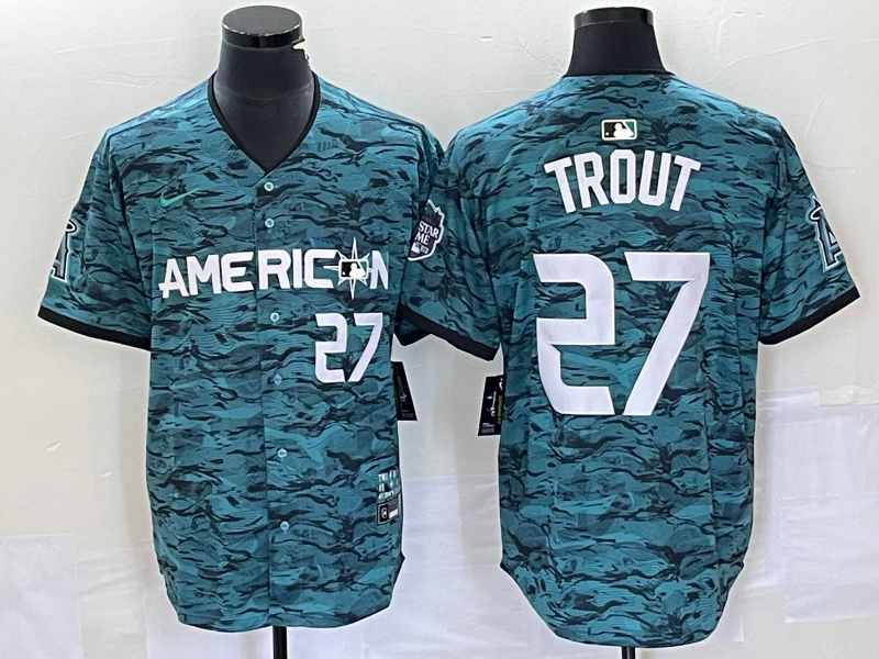Men's Los Angeles Angels #27 Mike Trout Number Teal 2023 All Star Cool Base Stitched Jersey3