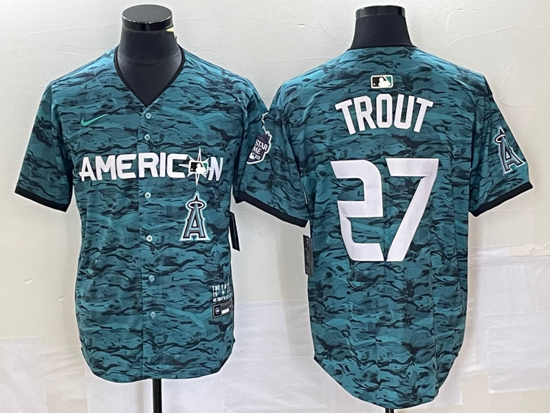Men's Los Angeles Angels #27 Mike Trout Teal 2023 All Star Cool Base Stitched Jersey1