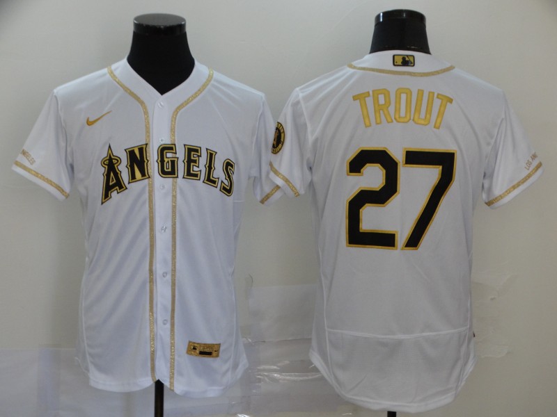 Men's Los Angeles Angels #27 Mike Trout White With Gold Stitched MLB Flex Base Nike Jersey