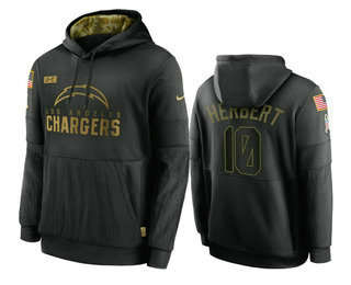 Men's Los Angeles Chargers #10 Justin Herbert Black 2020 Salute To Service Sideline Performance Pullover Hoodie