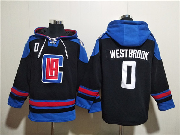 Men's Los Angeles Clippers #0 Russell Westbrook Black Blue Lace-Up Pullover Hoodie