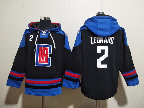 Men's Los Angeles Clippers #2 Kawhi Leonard Black Blue Lace-Up Pullover Hoodie