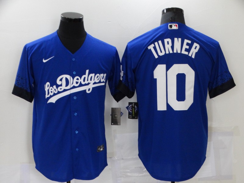 Men's Los Angeles Dodgers #10 Justin Turner Blue 2021 City Connect Cool Base Stitched Jersey