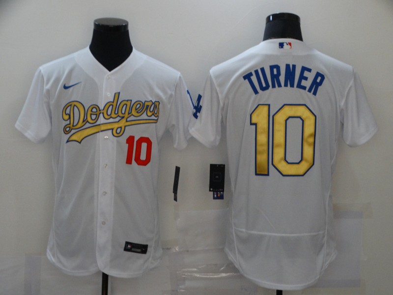 Men's Los Angeles Dodgers #10 Justin Turner White Gold Sttiched Nike MLB Flex Base Jersey