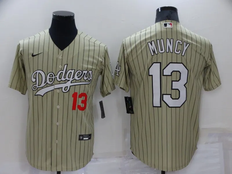 Men's Los Angeles Dodgers #13 Max Muncy Cream Pinstripe Stitched MLB Cool Base Nike Jersey