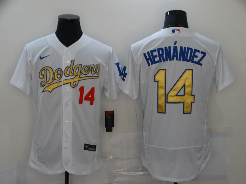 Men's Los Angeles Dodgers #14 Enrique Hernandez White Gold Sttiched Nike MLB Flex Base Jersey