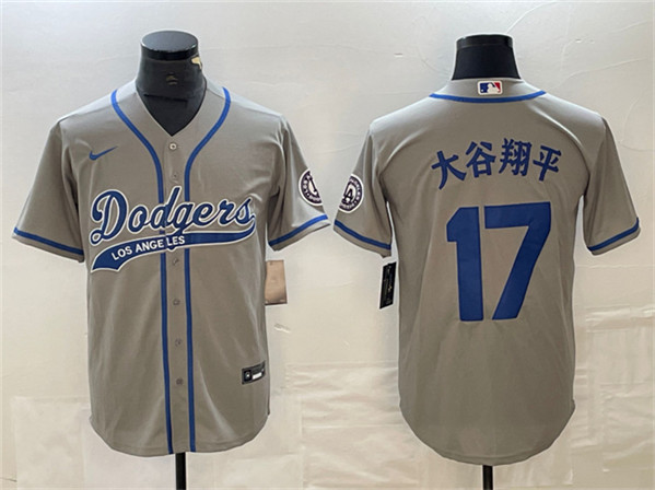 Men's Los Angeles Dodgers #17 大谷翔平 Shohei Ohtani Gray Cool Base With Patch Stitched Baseball Jerseys