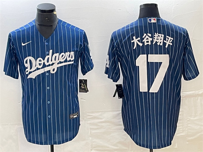 Men's Los Angeles Dodgers #17 大谷翔平 Shohei Ohtani Navy Cool Base With Patch Stitched Baseball Jersey
