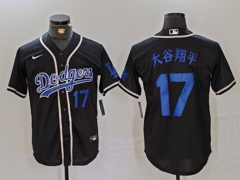 Men's Los Angeles Dodgers #17 大谷翔平 Shohei Ohtani Number Black Cool Base With Patch Stitched Baseball Jerseys