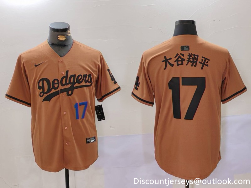 Men's Los Angeles Dodgers #17 太谷翔平 Shohei Ohtani Brown Cool Base Stitched Baseball Jersey1