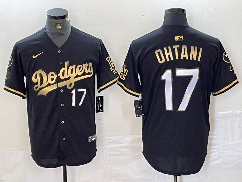 Men's Los Angeles Dodgers #17 Shohei Ohtani Number Black Gold Fashion Stitched Cool Base Limited Jersey