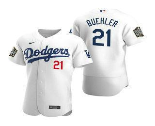 Men's Los Angeles Dodgers #21 Walker Buehler White 2020 World Series Authentic Flex Nike Jersey