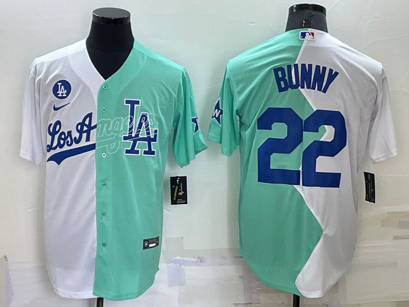 Men's Los Angeles Dodgers #22 Bad Bunny White Green 2022 All Star Cool Base Stitched Baseball Jersey1