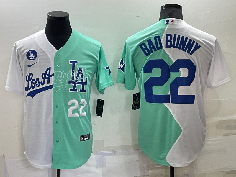 Men's Los Angeles Dodgers #22 Bad Bunny White Green Number 2022 Celebrity Softball Game Cool Base Jersey 1