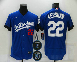 Men's Los Angeles Dodgers #22 Clayton Kershaw Blue #2 #20 Patch City Connect Flex Base Stitched Jersey