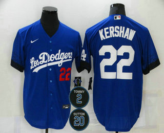 Men's Los Angeles Dodgers #22 Clayton Kershaw Blue #2 #20 Patch City Connect Number Cool Base Stitched Jersey
