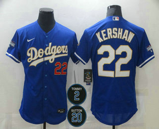 Men's Los Angeles Dodgers #22 Clayton Kershaw Blue Gold #2 #20 Patch Stitched MLB Flex Base Nike Jersey