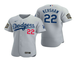 Men's Los Angeles Dodgers #22 Clayton Kershaw Gray 2020 World Series Authentic Flex Nike Jersey