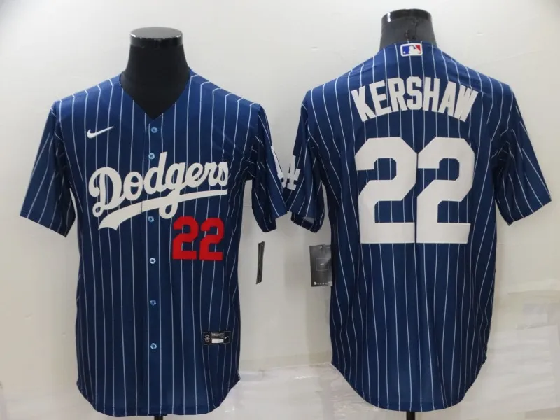 Men's Los Angeles Dodgers #22 Clayton Kershaw Navy Blue Pinstripe Stitched MLB Cool Base Nike Jersey