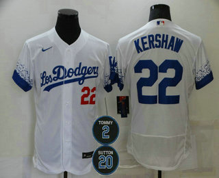 Men's Los Angeles Dodgers #22 Clayton Kershaw White #2 #20 Patch City Connect Flex Base Stitched Jersey