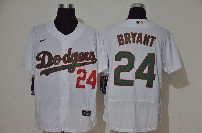 Men's Los Angeles Dodgers #24 Kobe Bryant White With Green Name Stitched MLB Flex Base Nike Jersey