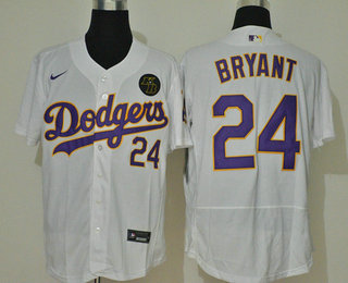 Men's Los Angeles Dodgers #24 Kobe Bryant White With Purple Name KB Patch Stitched MLB Flex Base Nike Jersey