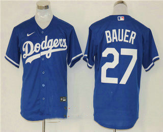 Men's Los Angeles Dodgers #27 Trevor Bauer Blue Stitched MLB Cool Base Nike Jersey