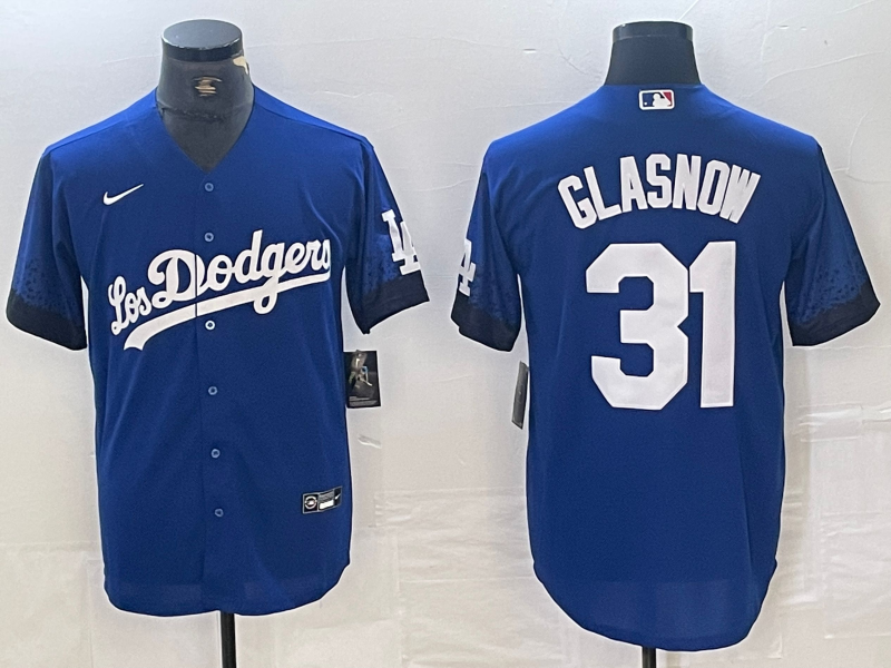 Men's Los Angeles Dodgers #31 Tyler Glasnow Blue 2021 City Connect Cool Base Stitched Jersey