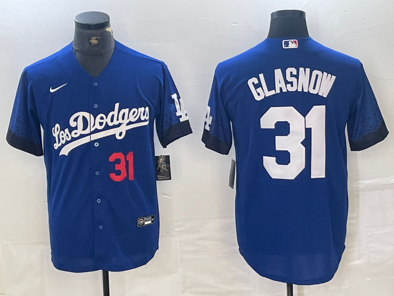 Men's Los Angeles Dodgers #31 Tyler Glasnow Number Blue 2021 City Connect Cool Base Stitched Jersey
