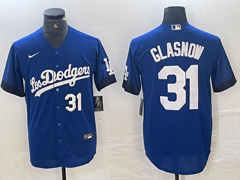 Men's Los Angeles Dodgers #31 Tyler Glasnow Number Blue 2021 City Connect Cool Base Stitched Jerseys