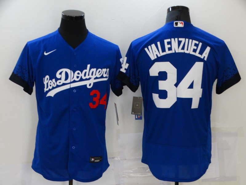 Men's Los Angeles Dodgers #34 Fernando Valenzuela Blue 2021 City Connect Flex Base Stitched Jersey