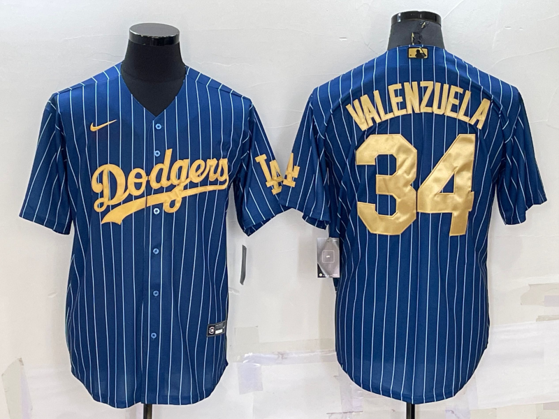 Men's Los Angeles Dodgers #34 Fernando Valenzuela Navy Blue Gold Pinstripe Stitched MLB Cool Base Nike Jersey