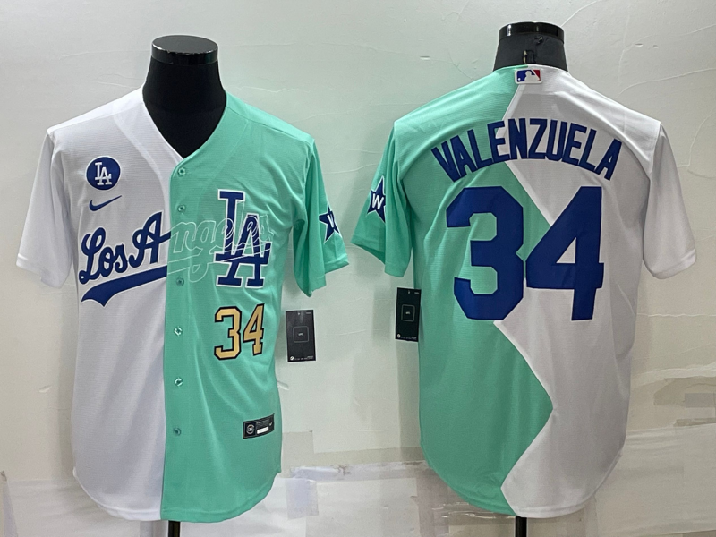 Men's Los Angeles Dodgers #34 Fernando Valenzuela White Green Number 2022 Celebrity Softball Game Cool Base Jersey