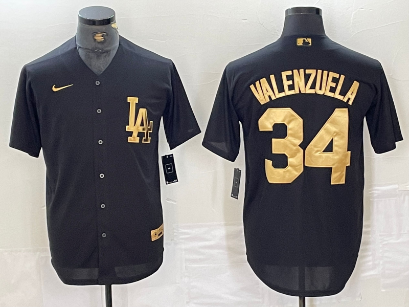 Men's Los Angeles Dodgers #34 Toro Valenzuela Black Gold Cool Base Stitched Baseball Jersey