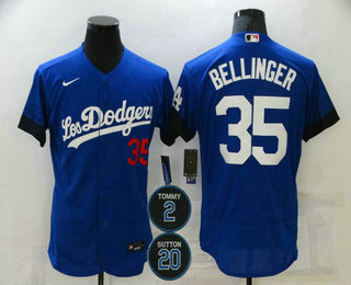 Men's Los Angeles Dodgers #35 Cody Bellinger Blue #2 #20 Patch City Connect Flex Base Stitched Jersey
