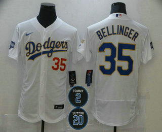 Men's Los Angeles Dodgers #35 Cody Bellinger White Gold #2 #20 Patch Stitched MLB Flex Base Nike Jersey