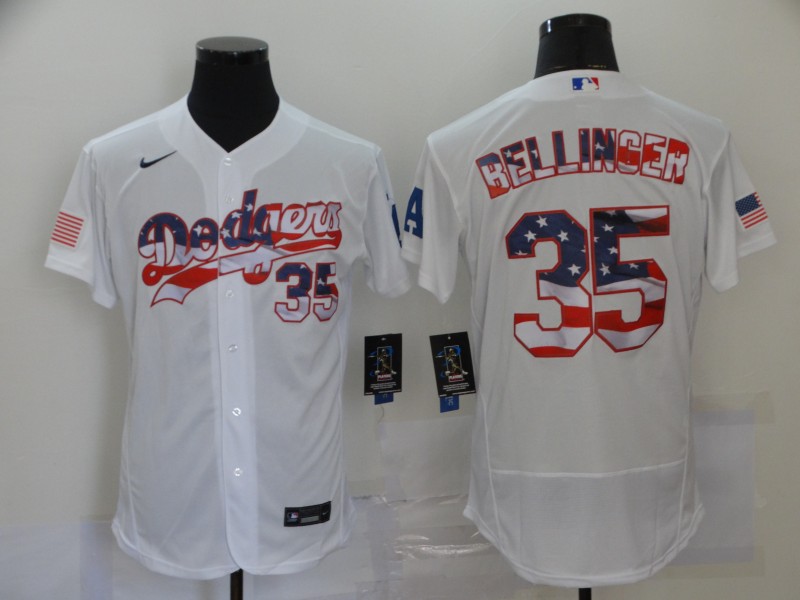 Men's Los Angeles Dodgers #35 Cody Bellinger White USA Flag Stitched MLB Flex Base Nike Jersey