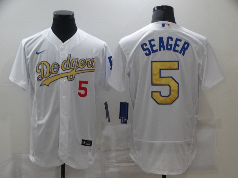 Men's Los Angeles Dodgers #5 Corey Seager 2020 White Gold Sttiched Nike MLB Jersey