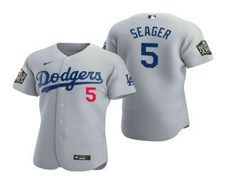 Men's Los Angeles Dodgers #5 Corey Seager Gray 2020 World Series Authentic Flex Nike Jersey