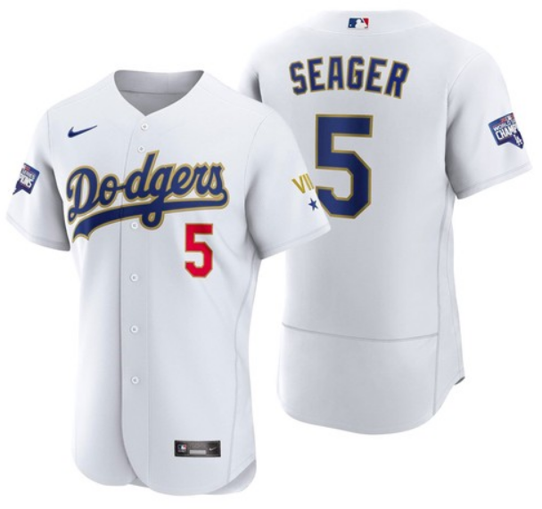 Men's Los Angeles Dodgers #5 Corey Seager White Gold Championship Flex Base Sttiched MLB Jersey