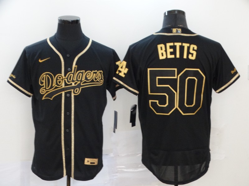 Men's Los Angeles Dodgers #50 Mookie Betts Black With Gold Stitched MLB Flex Base Nike Jersey